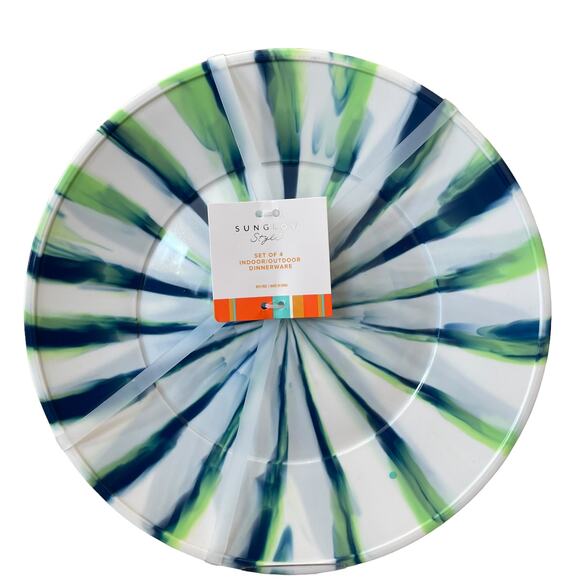 Sunglow Style Ink Stripe Melamine Dinner Plates 11" Blue Green White Set of 4 - Picture 4 of 8